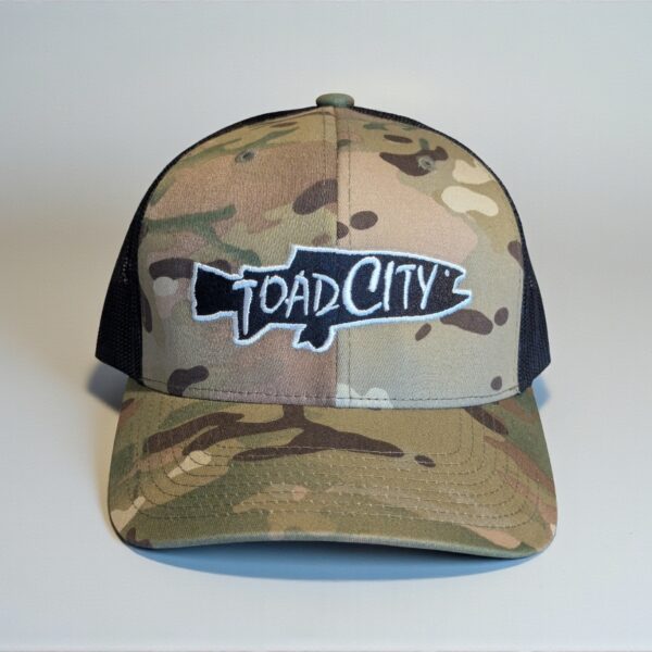 Trucker Hat – Camo/Black (Black and White Logo)